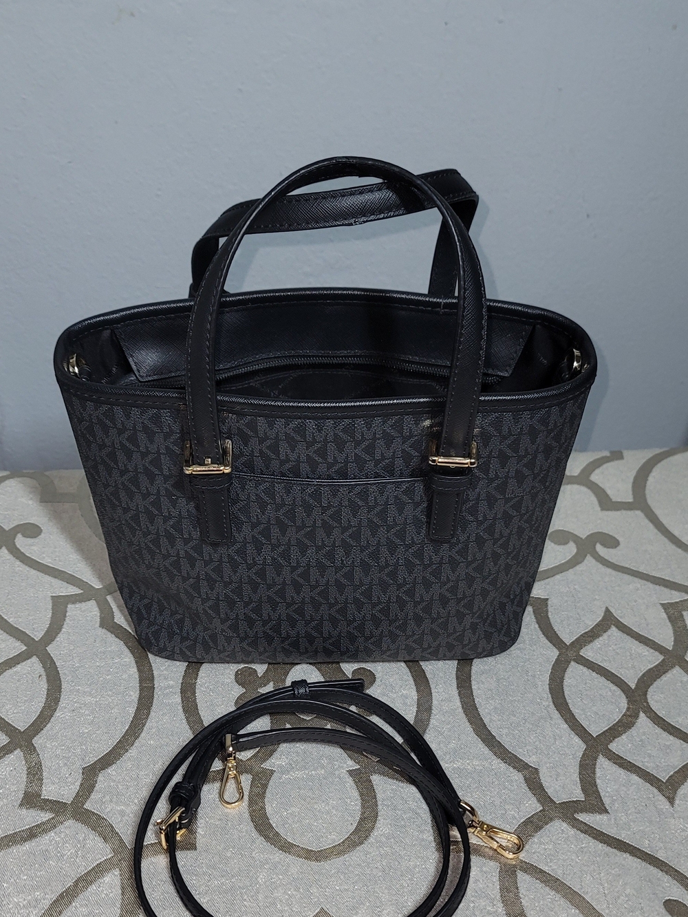 Michael Kors Black MK Logo Tote with Gold Accent Charm - Picture 4 of 7